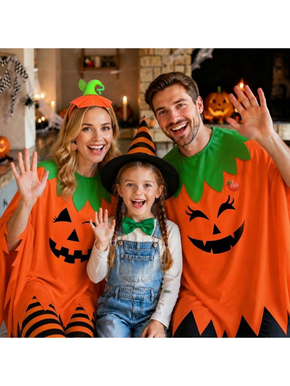 Women's Pumpkin 6 PCS Double Poncho Candy Brooch Cosplay Halloween Costume Set - Picture 7 of 7
